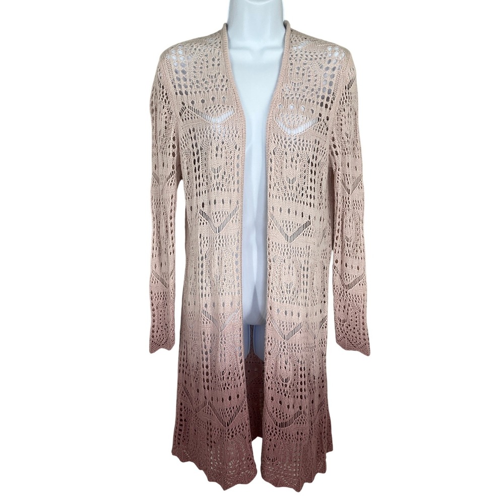 Knox Rose Cardigan Duster Womens XS Pink Crochet Ombre Boho Pointelle Long